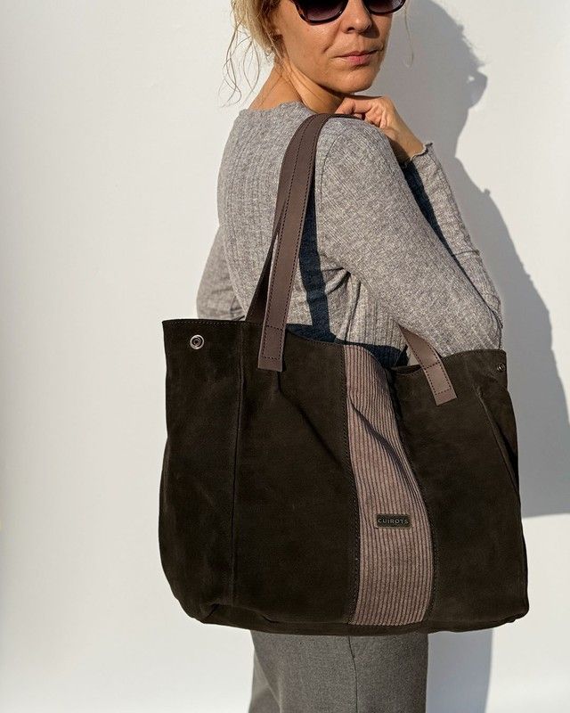 Bolso de hombro tipo Tote Bag CUIROTS Bi de serraje y pana Gris